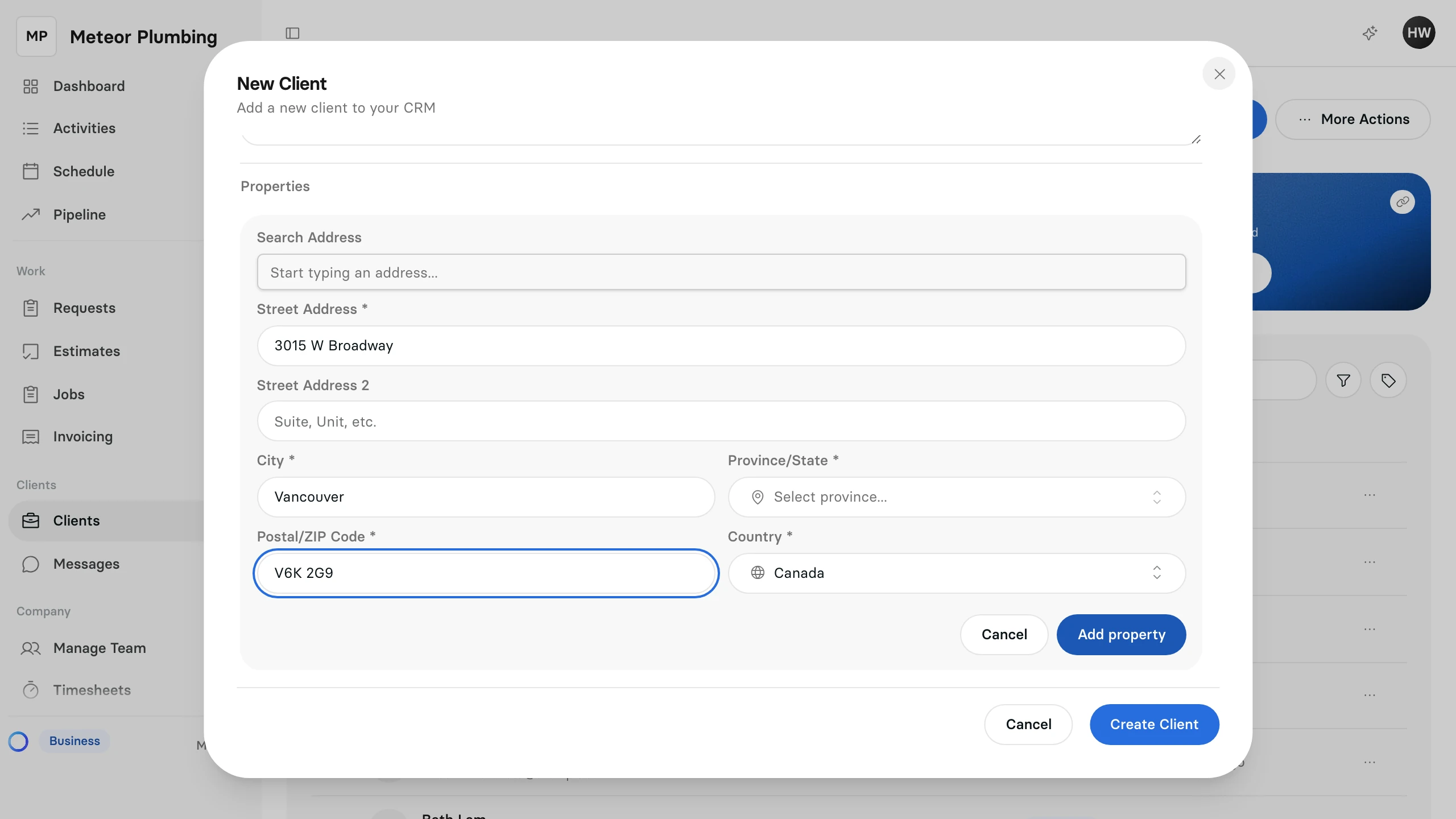 The property form inside the New Client window, with a street address, city and postal code filled in