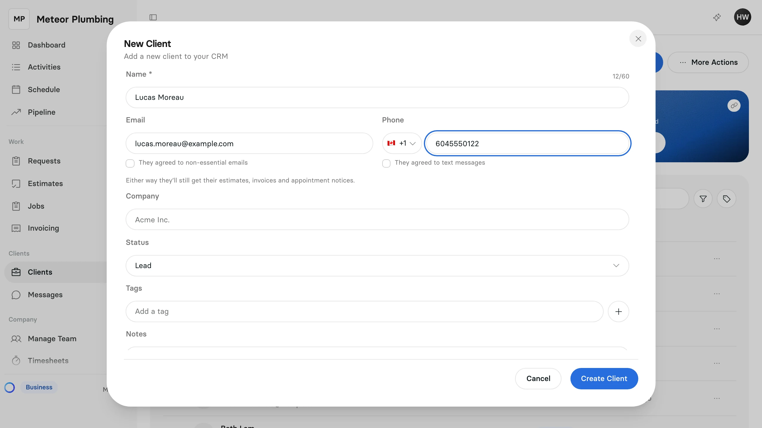 The New Client window with a name, an email address and a phone number filled in