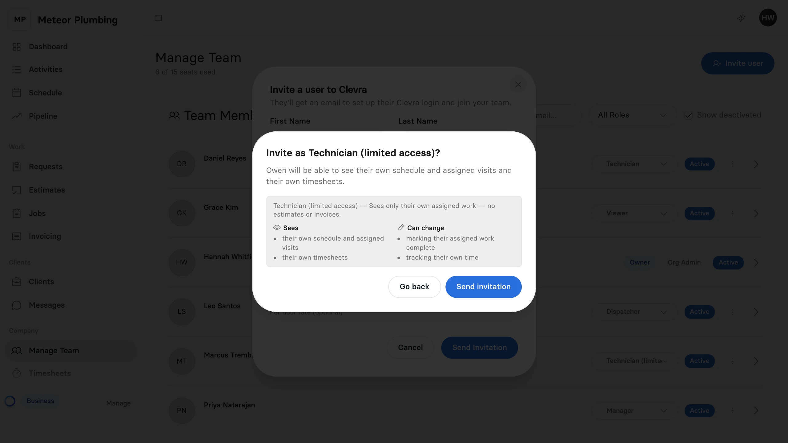 The Invite as Technician (limited access)? window listing what the role sees and what it can change, before the invitation is sent