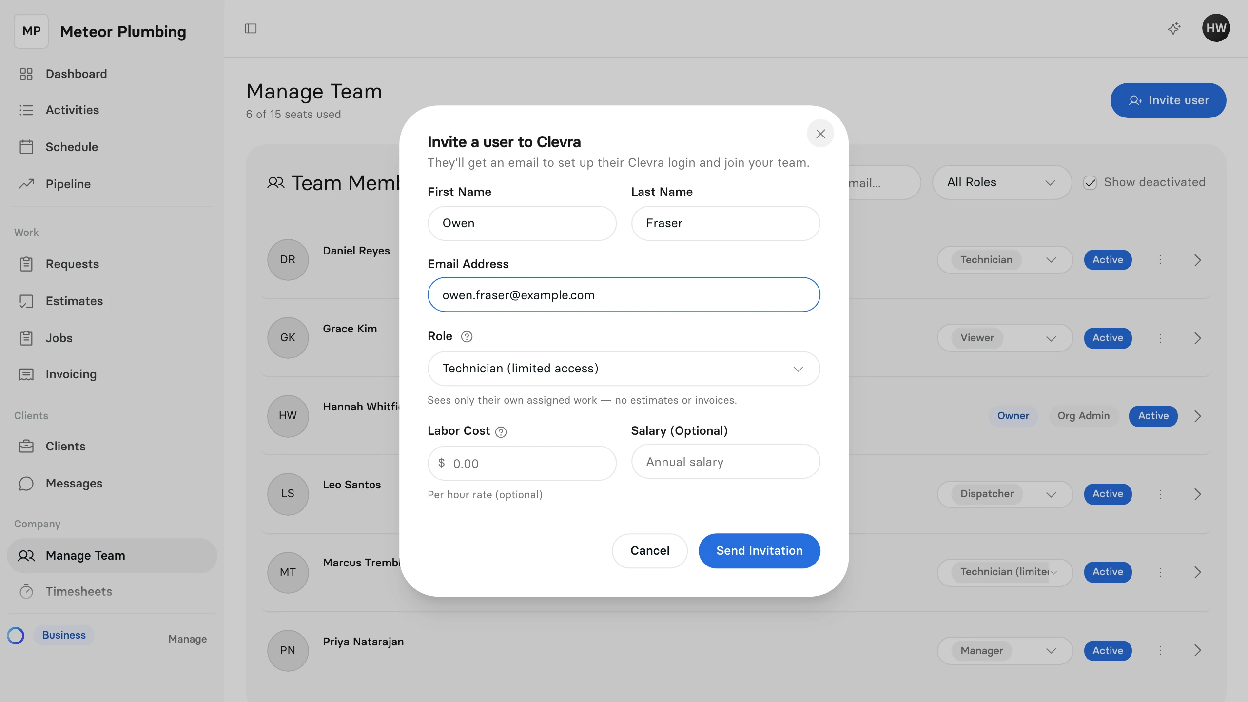 The Invite a user to Clevra window with a first name, a last name and an email address filled in