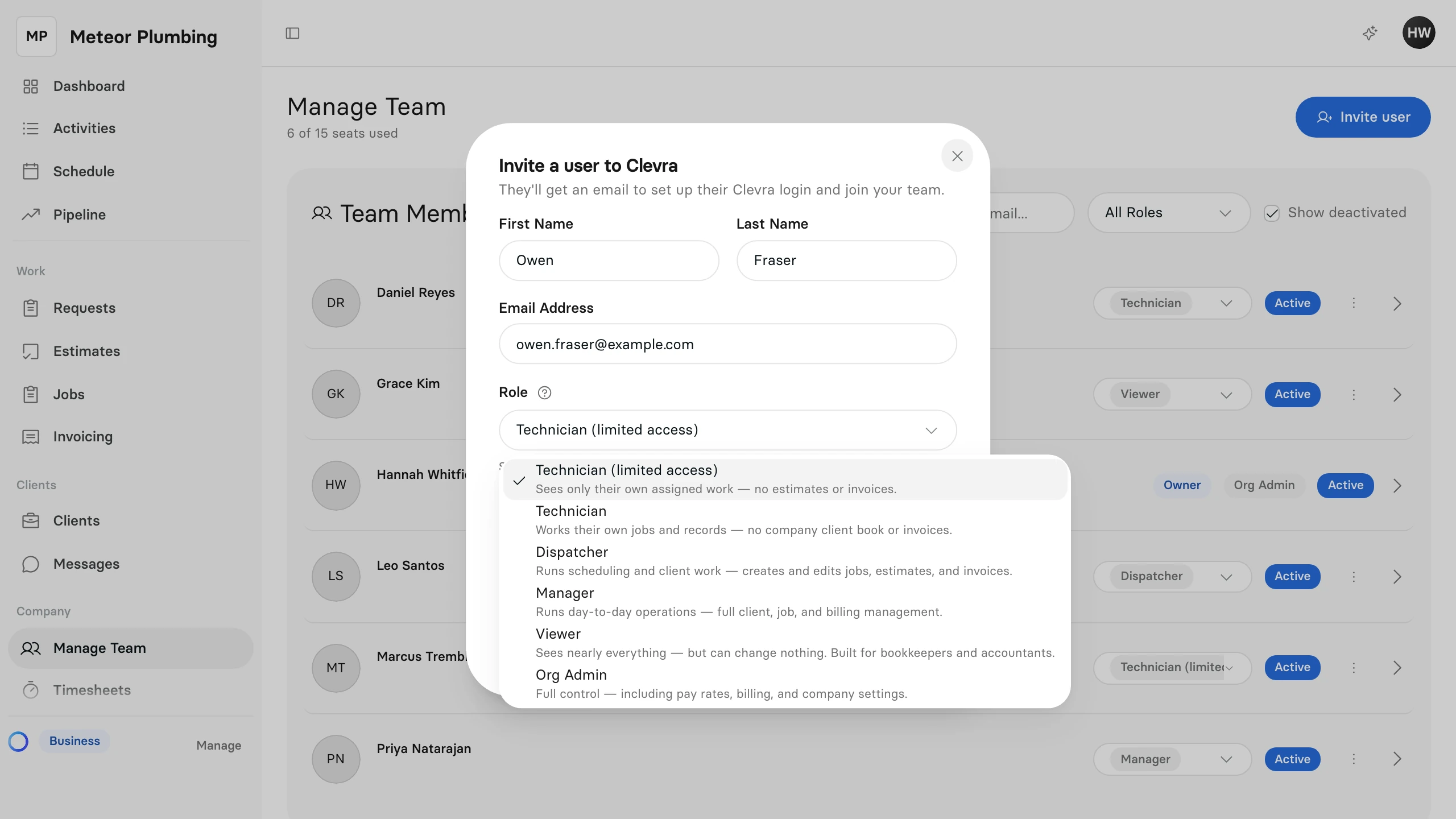 The Role list open in the invite window, each role with a line saying what it allows
