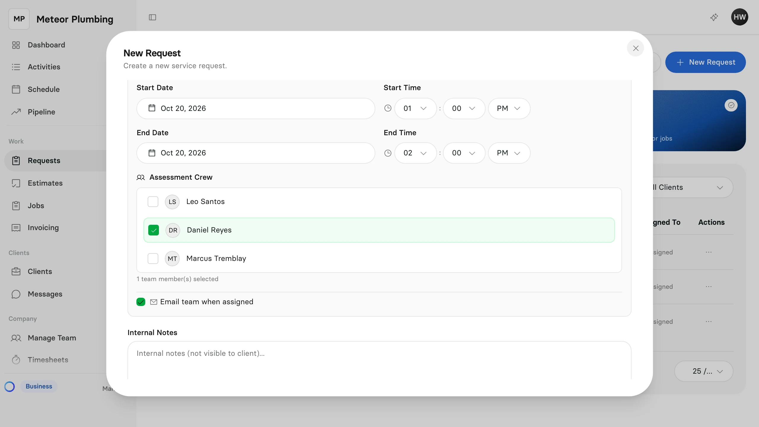 The On-site Assessment section of the New Request window with a start and end time and Daniel Reyes chosen under Assessment Crew