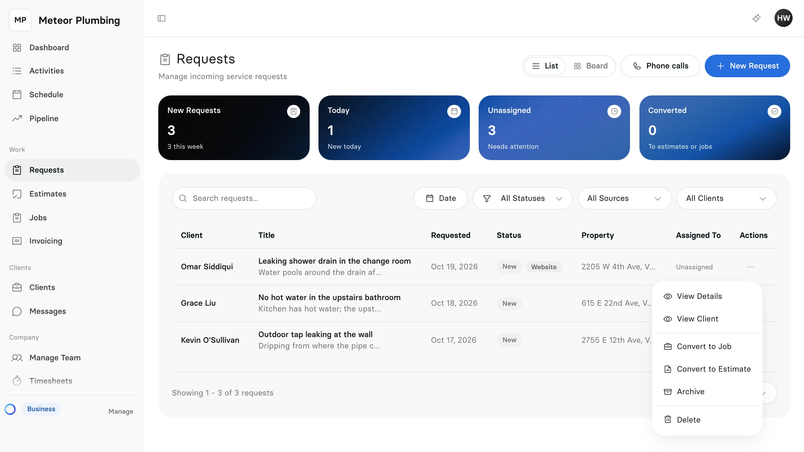 A request's menu in the Requests list, offering Convert to Job and Convert to Estimate