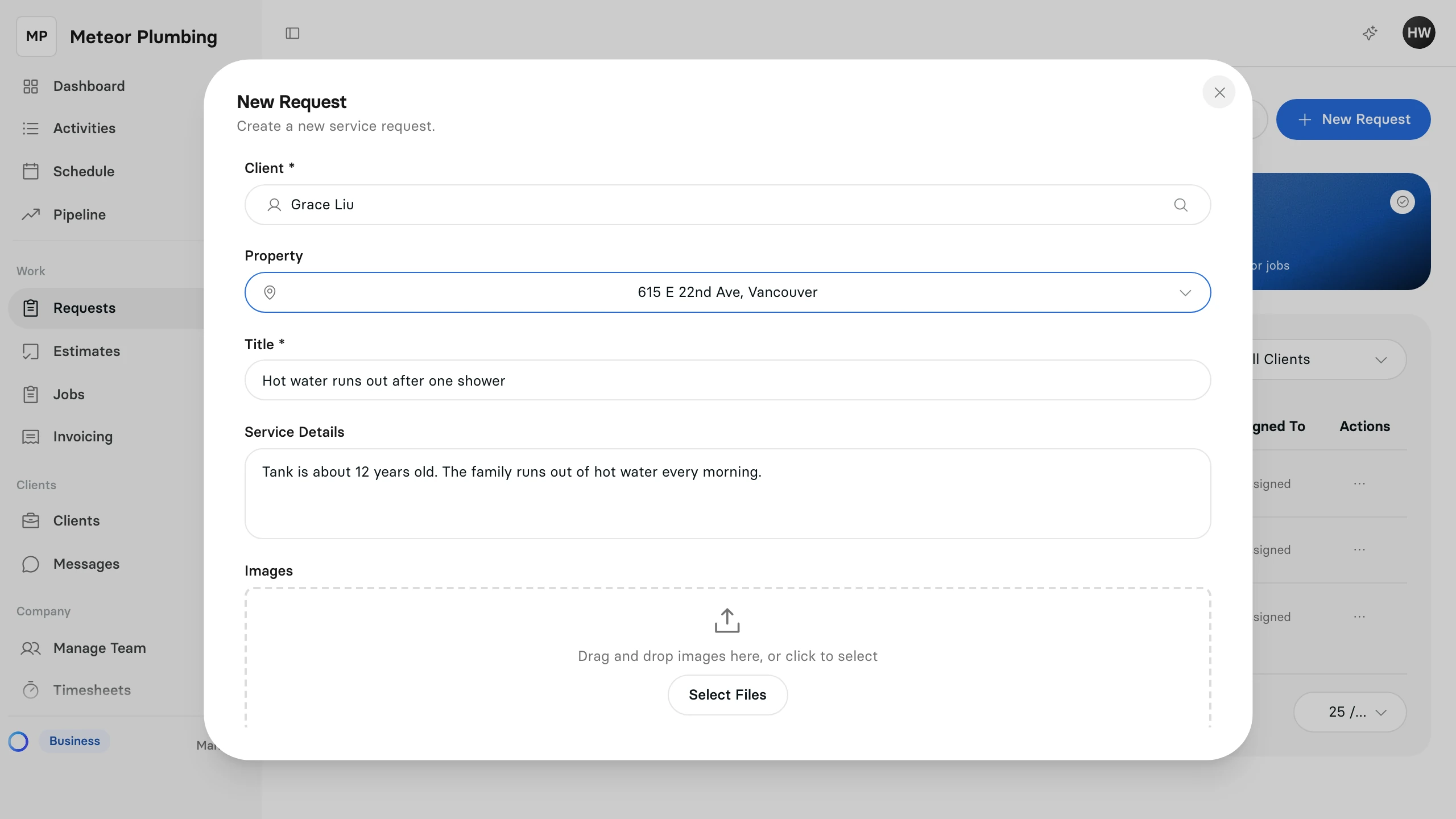 The New Request window with Grace Liu chosen as the client, her property, a title and the service details filled in