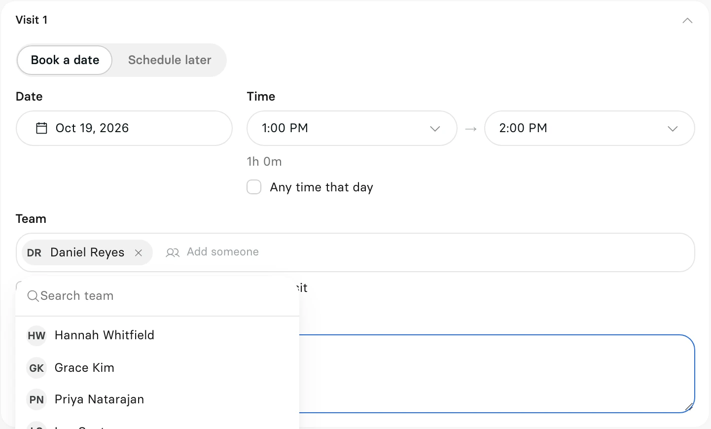 The first visit under Schedule, booked for a date from 1:00 PM to 2:00 PM with Daniel Reyes on the team