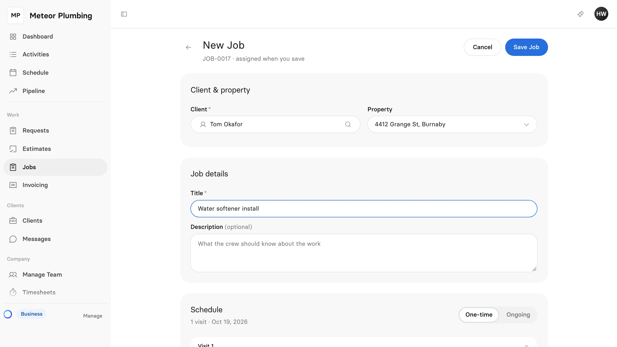 The New Job page with Tom Okafor chosen as the client, his property filled in and a job title entered