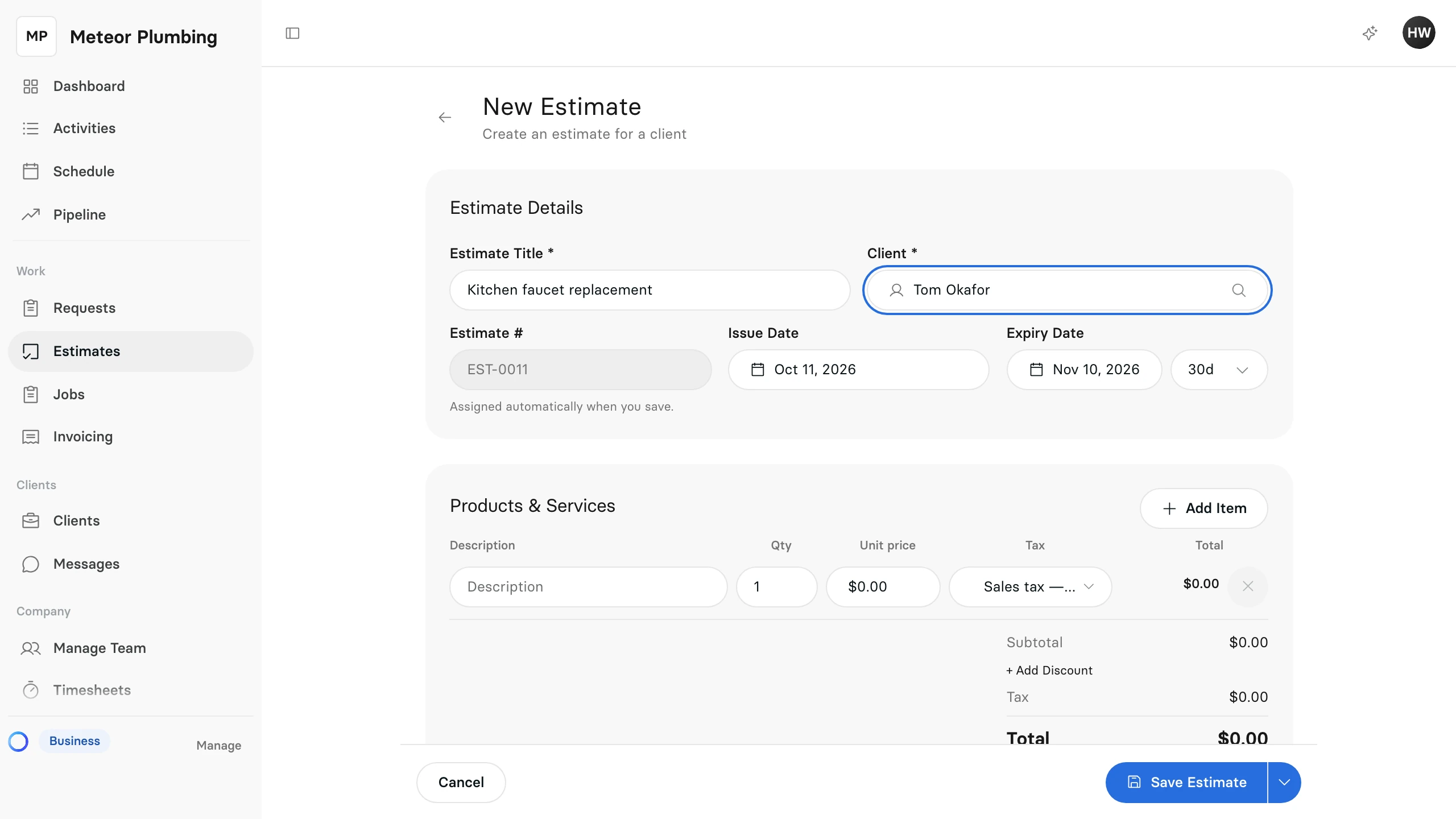 The New Estimate page with a title entered and Tom Okafor chosen as the client