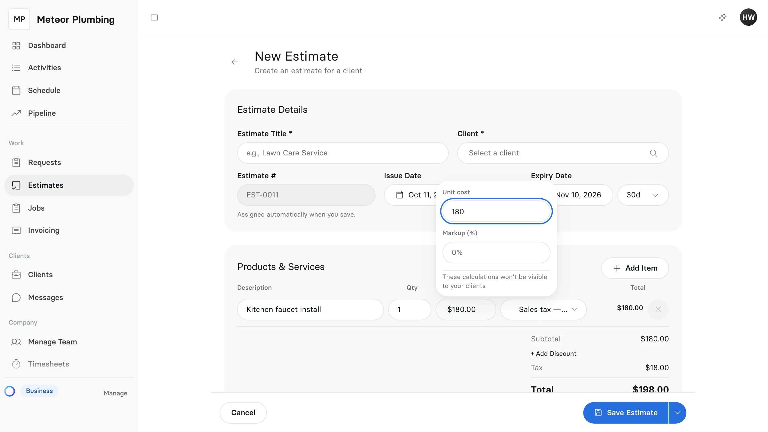 A line under Products & Services with its price window open, showing Unit cost and Markup