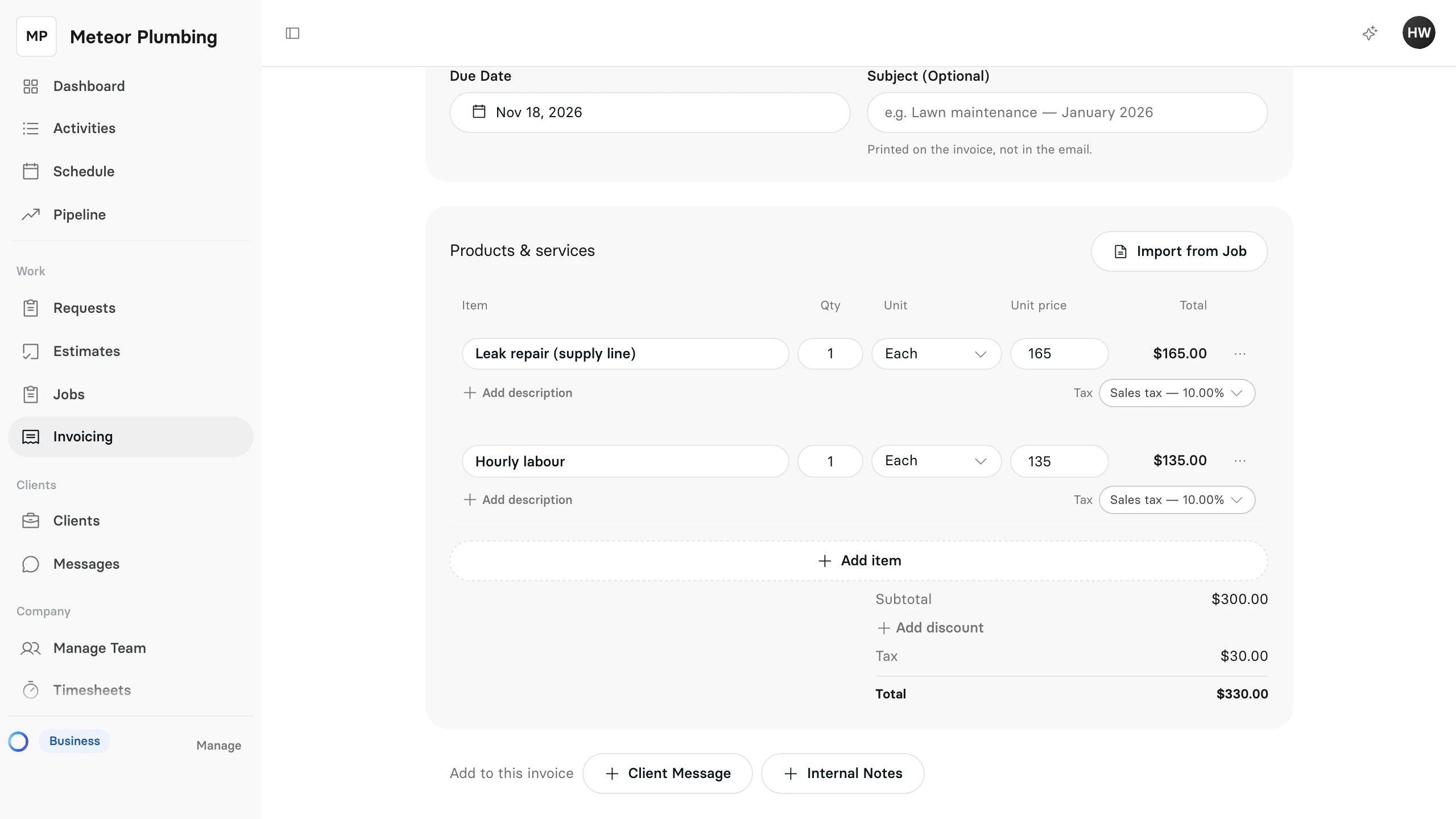The job's lines under Products & services on the new invoice, with the subtotal, tax and total below