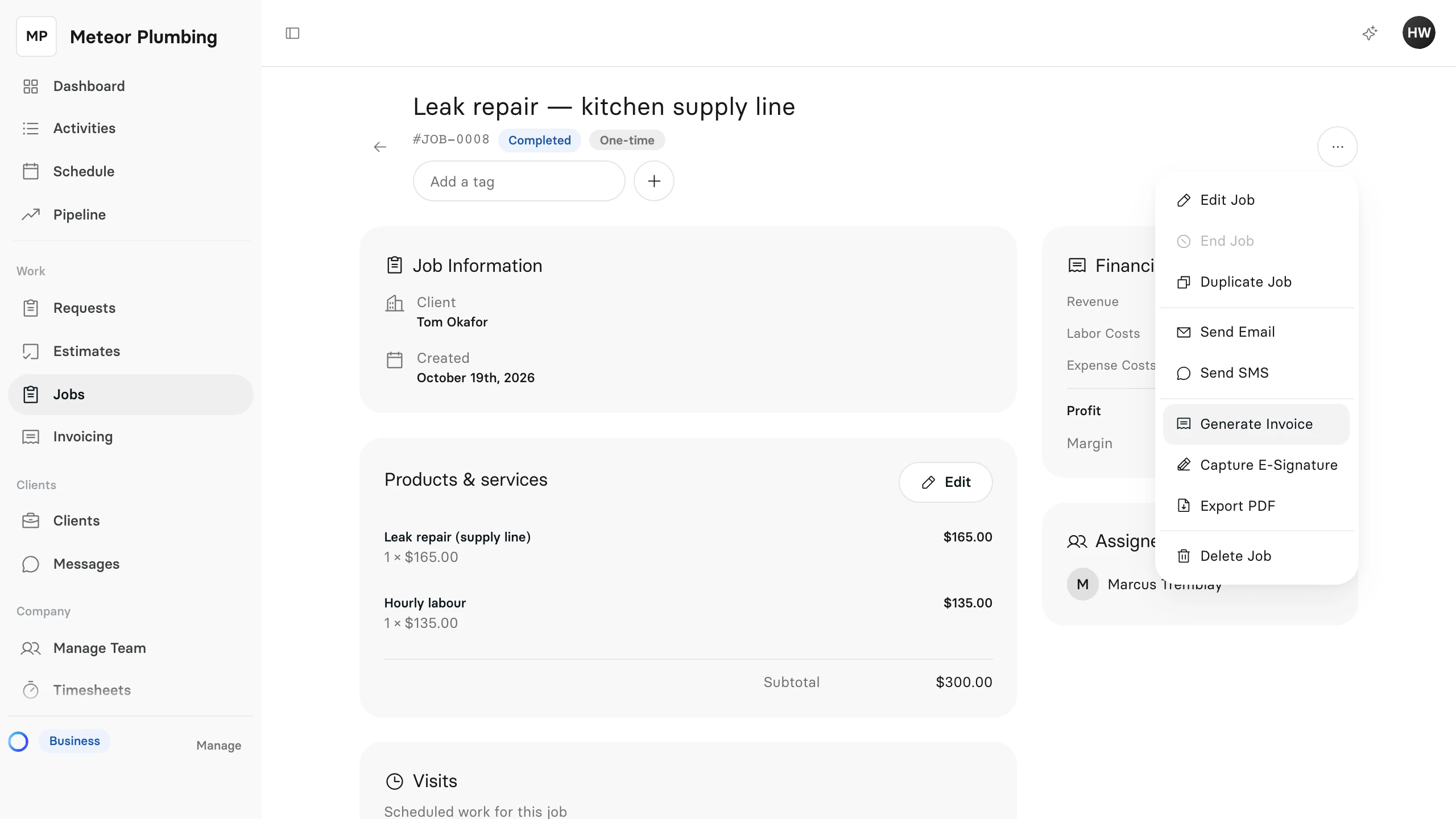 A job's menu open at the top of the job page, with Generate Invoice highlighted
