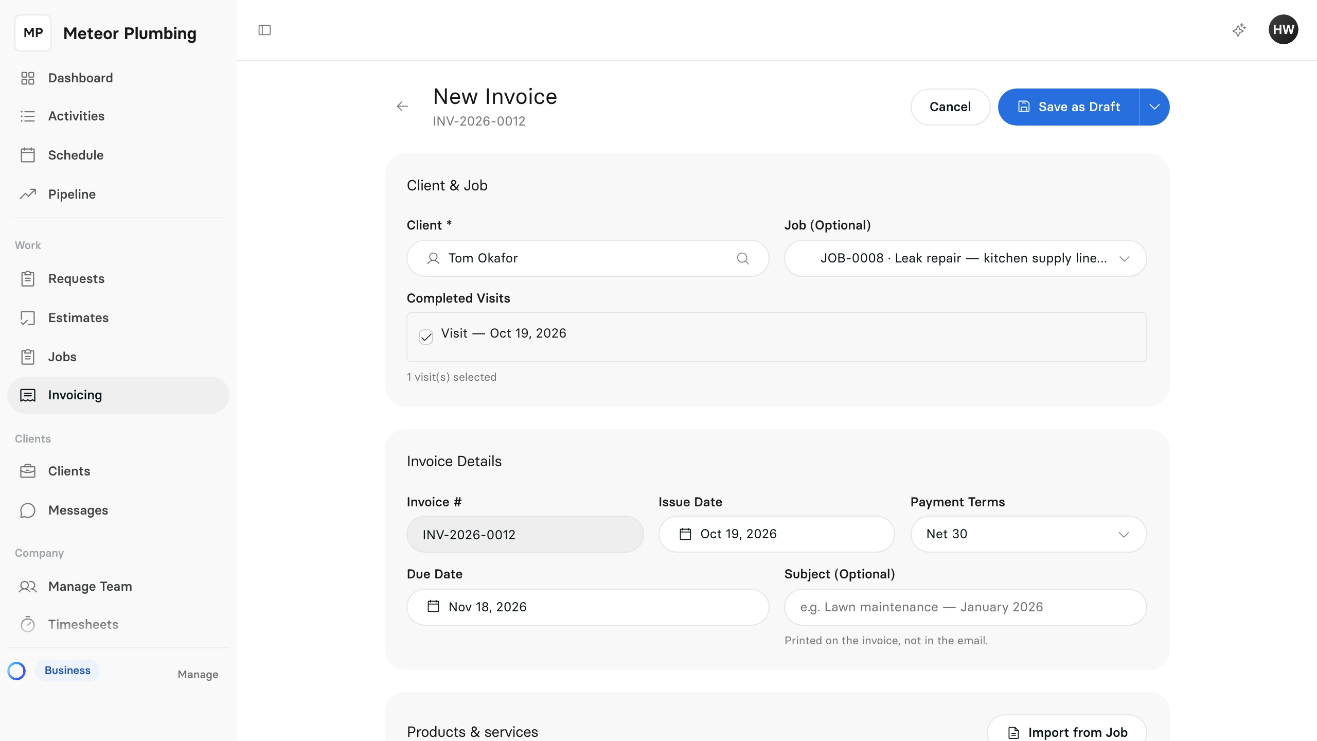 The New Invoice page started from the job, with Tom Okafor as the client and the job chosen