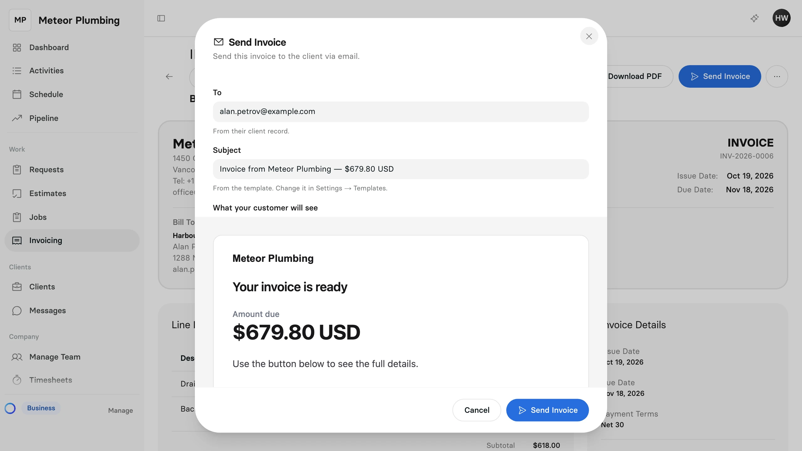 The Send Invoice window with the client's email address, the email subject and a preview of the email