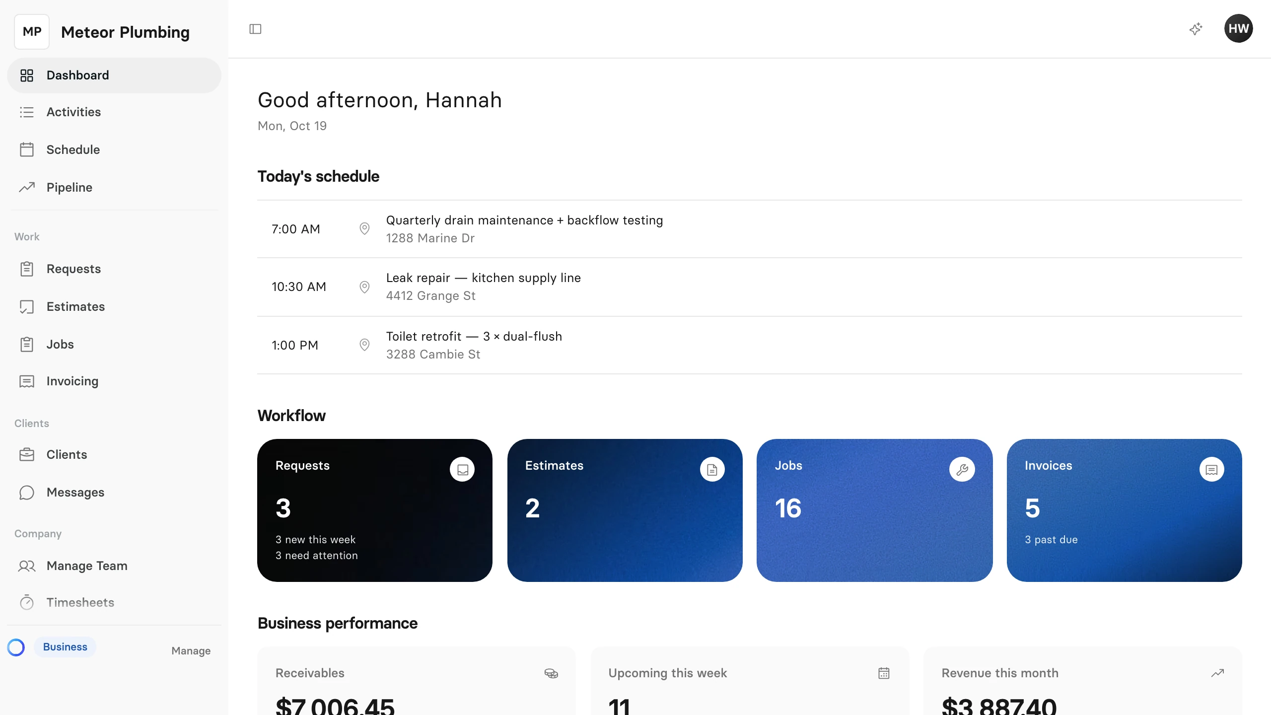 The Clevra dashboard with today's schedule, and the menu on the left grouped into Work, Clients and Company