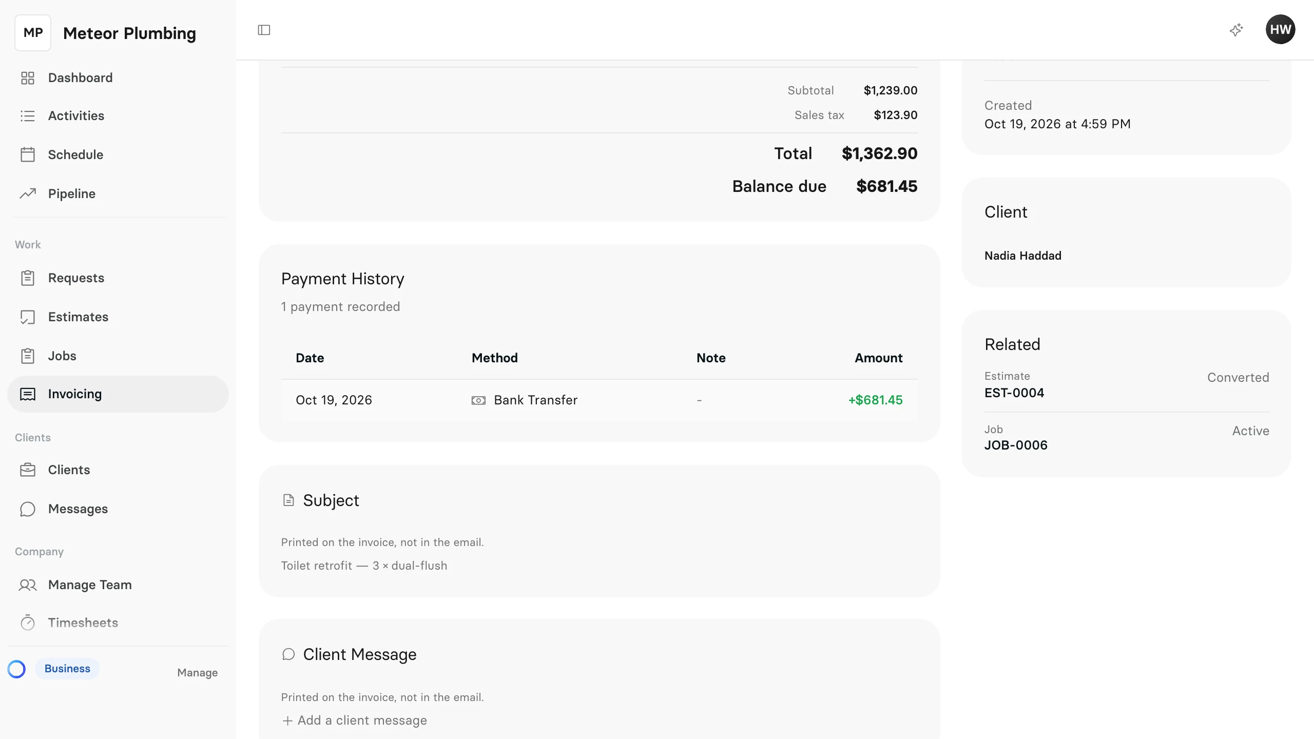 The invoice's totals with the balance still due, and Payment History listing a bank transfer