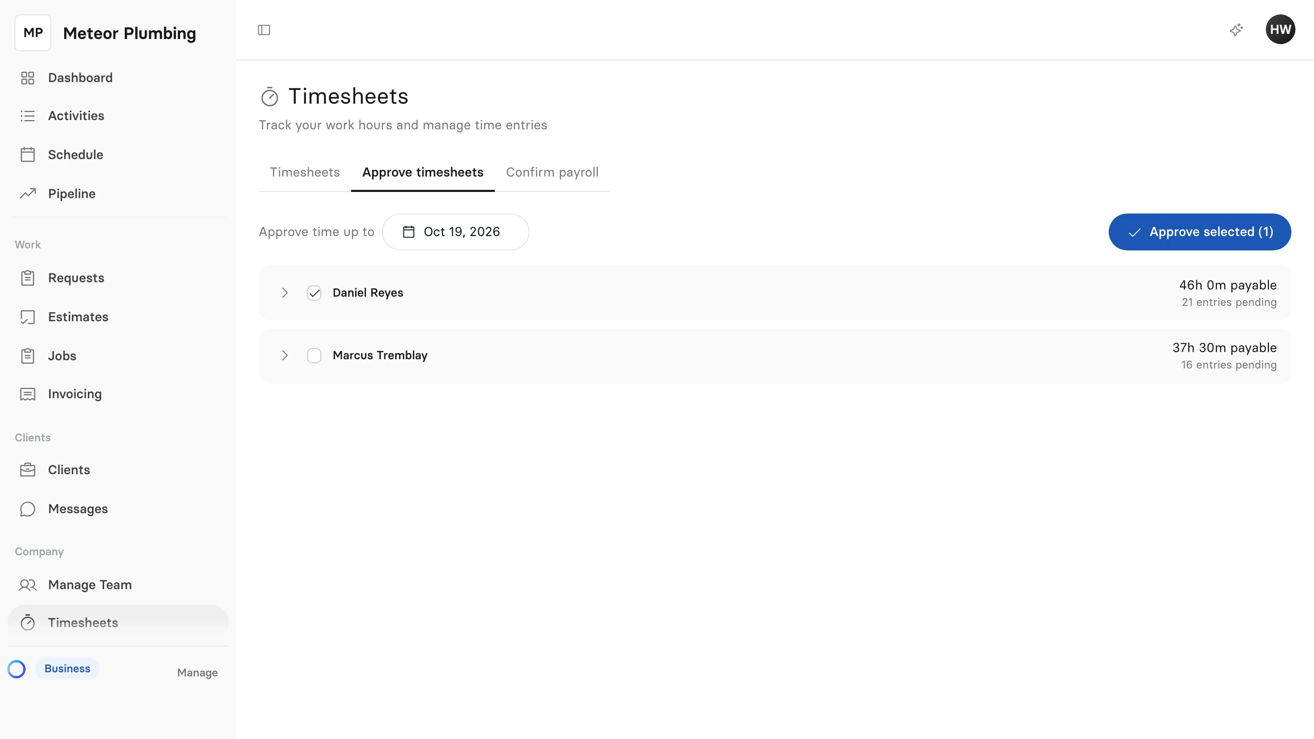 The Approve timesheets tab with a cutoff date, one technician ticked and the Approve selected button