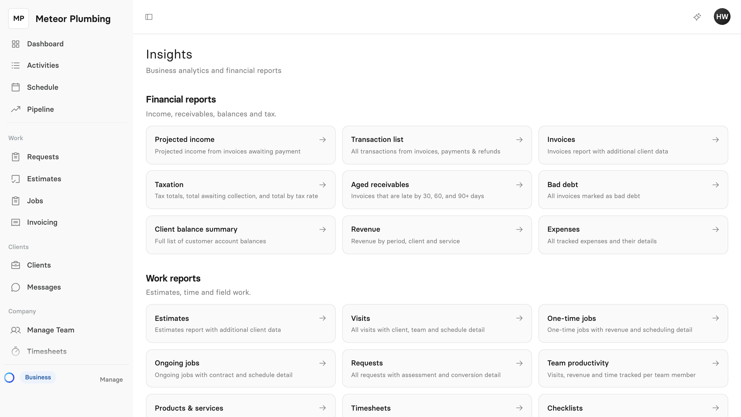 The Insights page with its report cards grouped into Financial reports, Work reports and Client reports