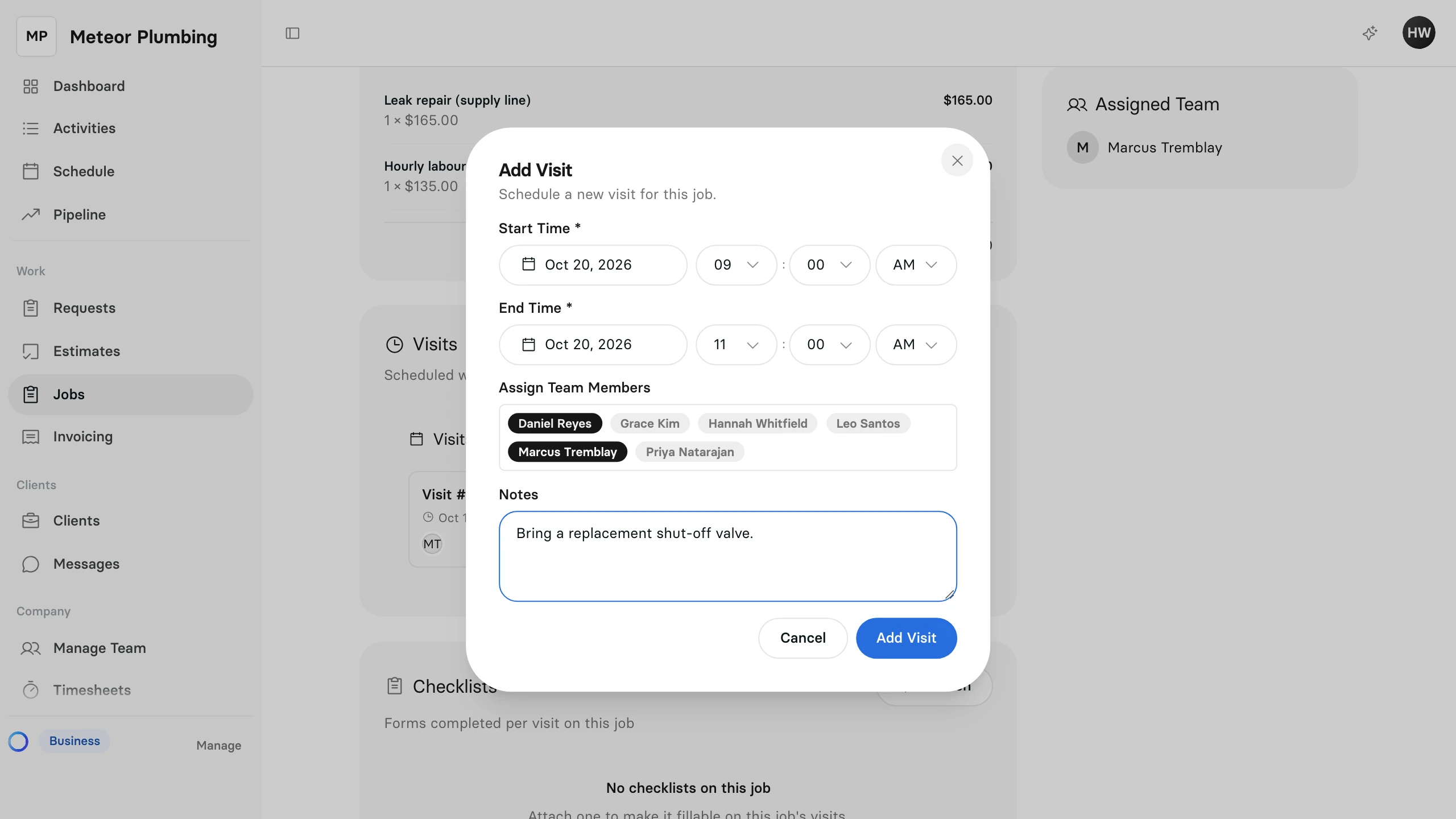 The Add Visit window on a job, with a start time, an end time and the team members chosen for the visit