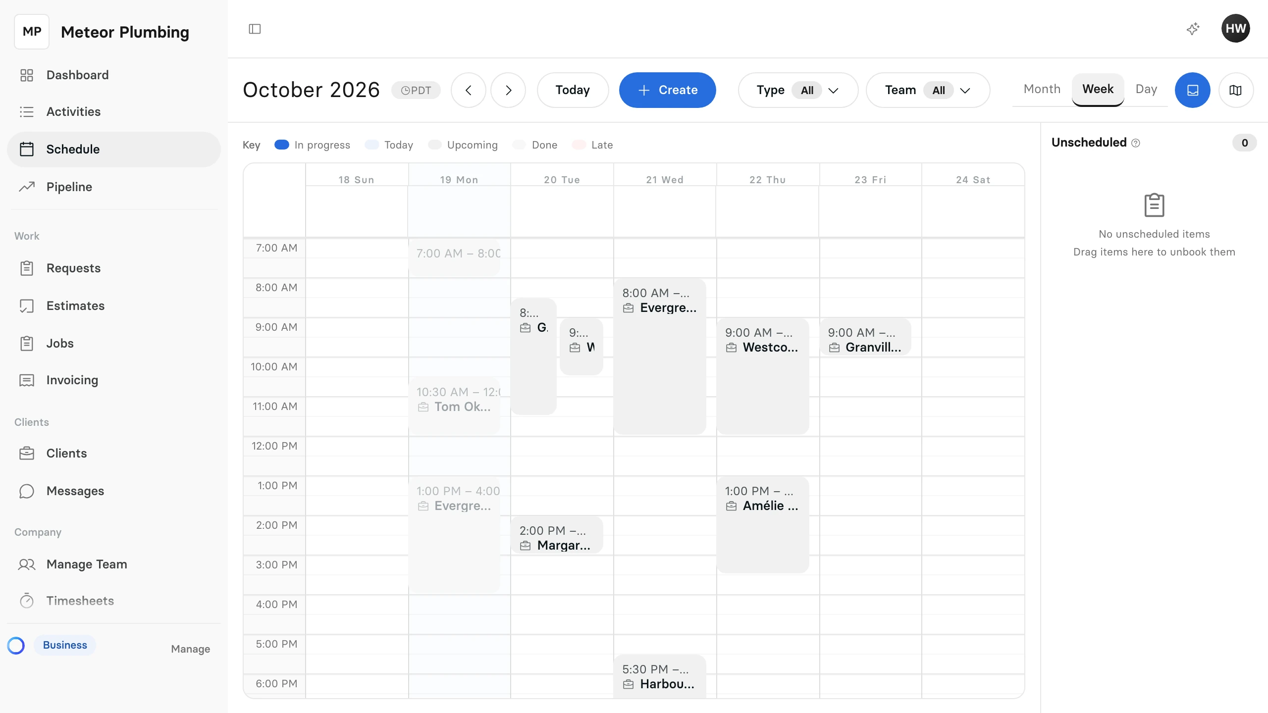 The Schedule in Week view, with this week's visits for the team and the Unscheduled list beside the calendar