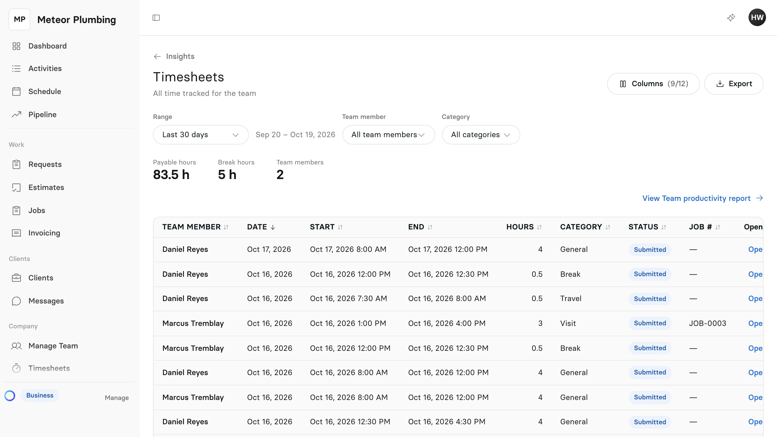 The Timesheets report for the last 30 days, with Payable hours, Break hours and Team members above each time entry