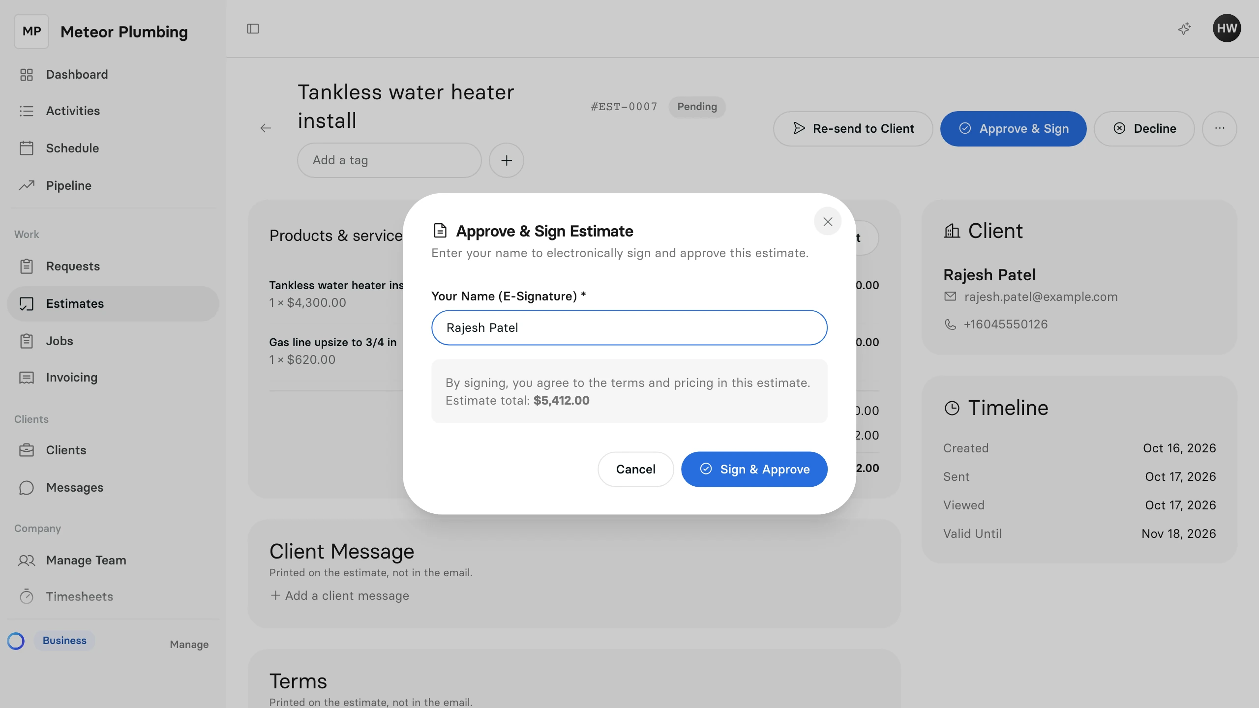 The Approve & Sign Estimate window with the client's name typed in as their e-signature