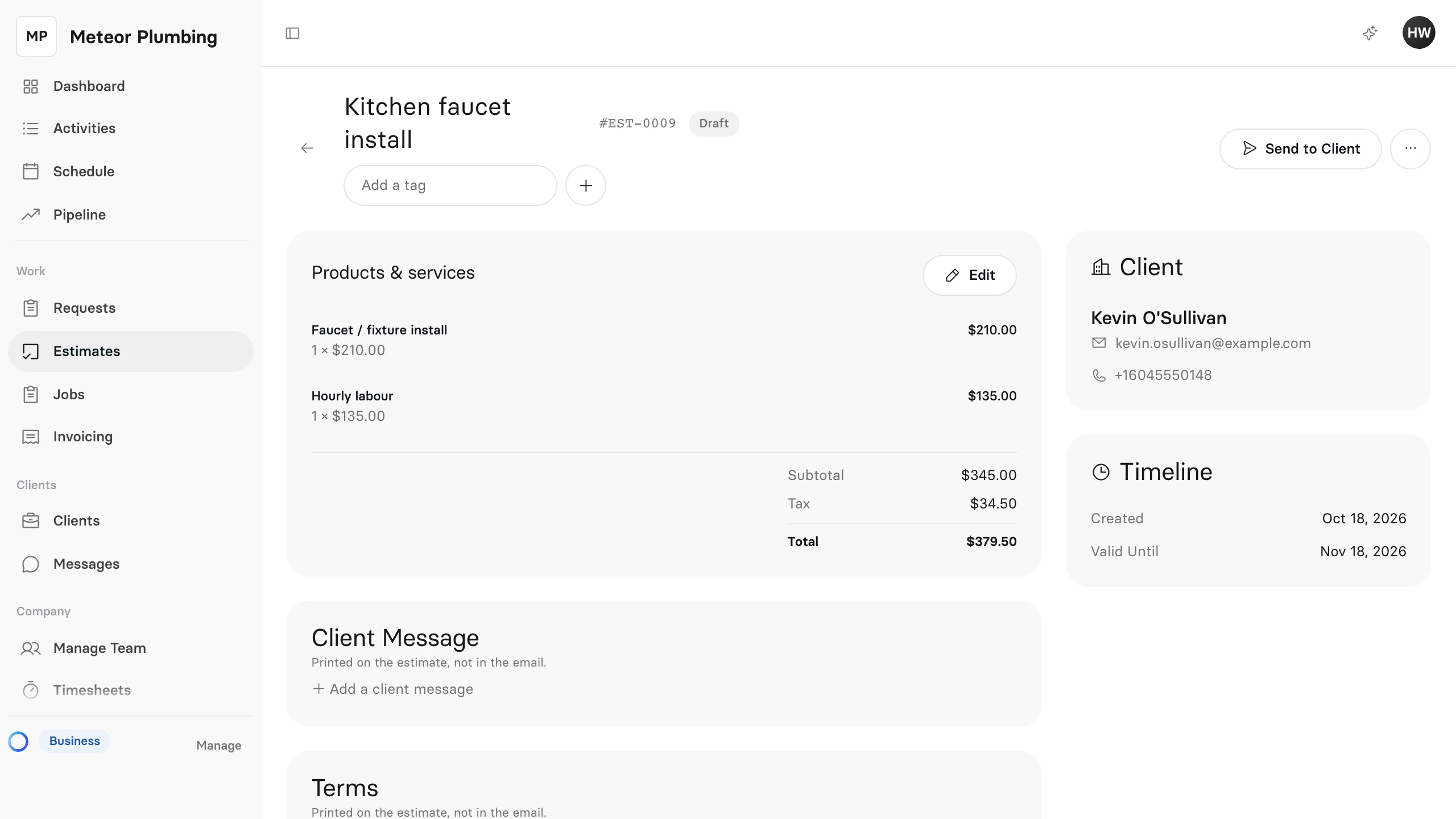 A draft estimate's page with the Send to Client button at the top