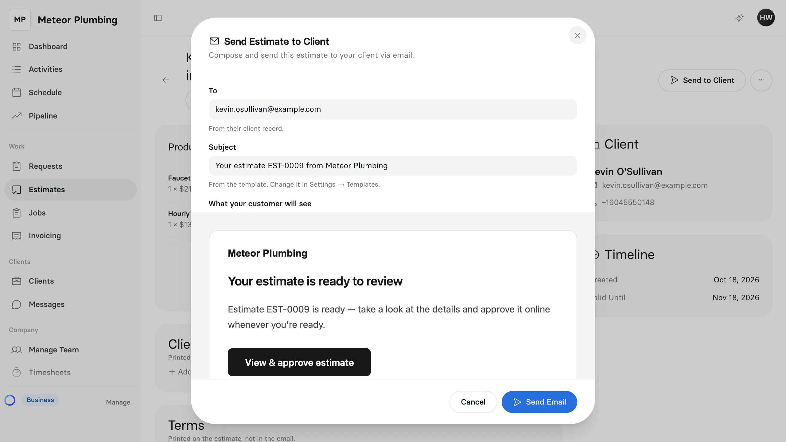 The Send Estimate to Client window showing the client's email address, the subject and a preview of the email