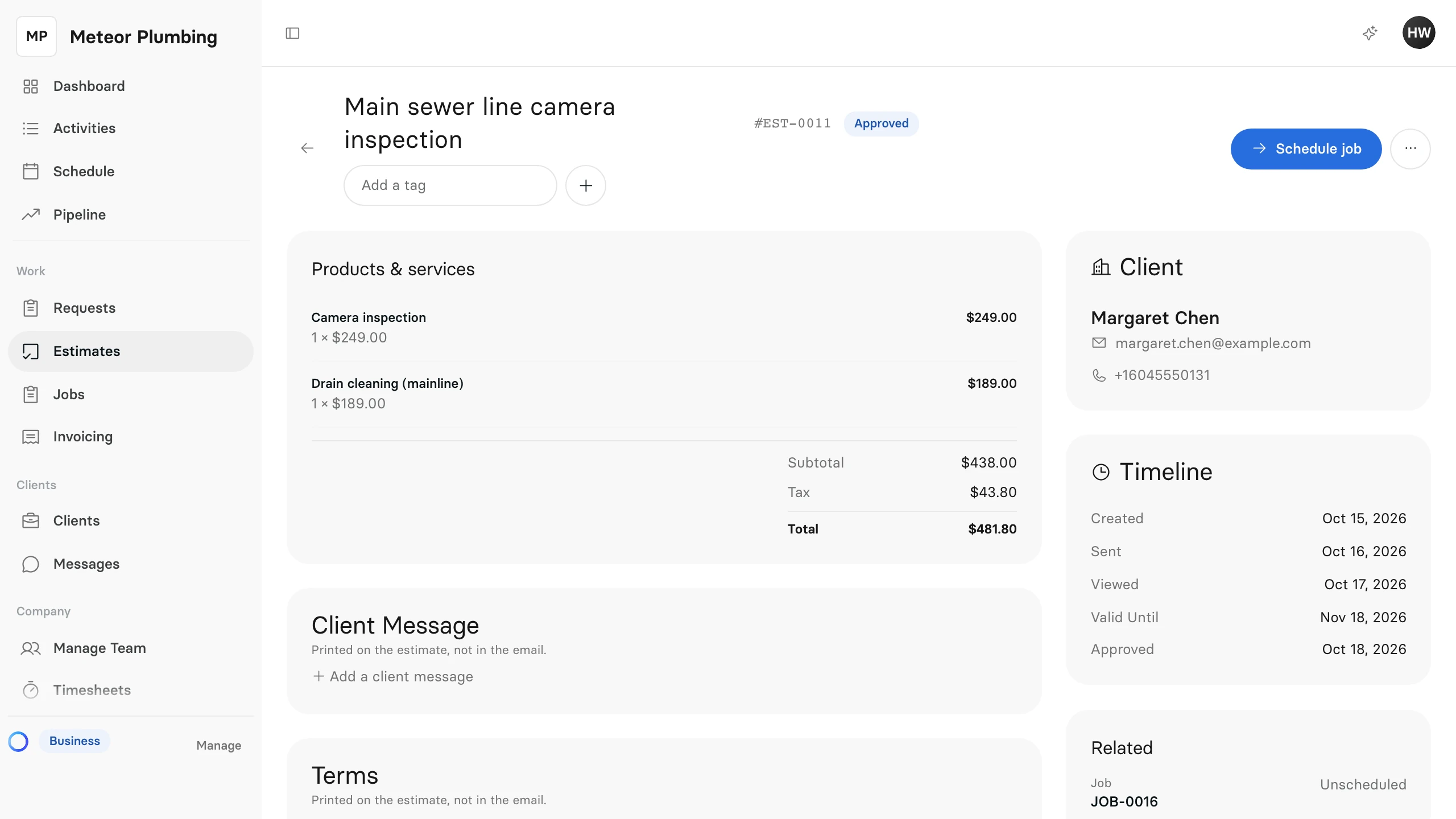 An approved estimate's page with the Schedule job button at the top