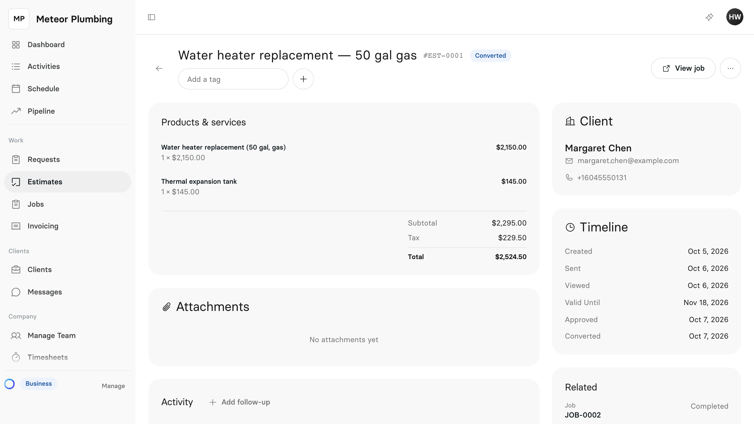 A converted estimate's page with its Converted status and the View job button