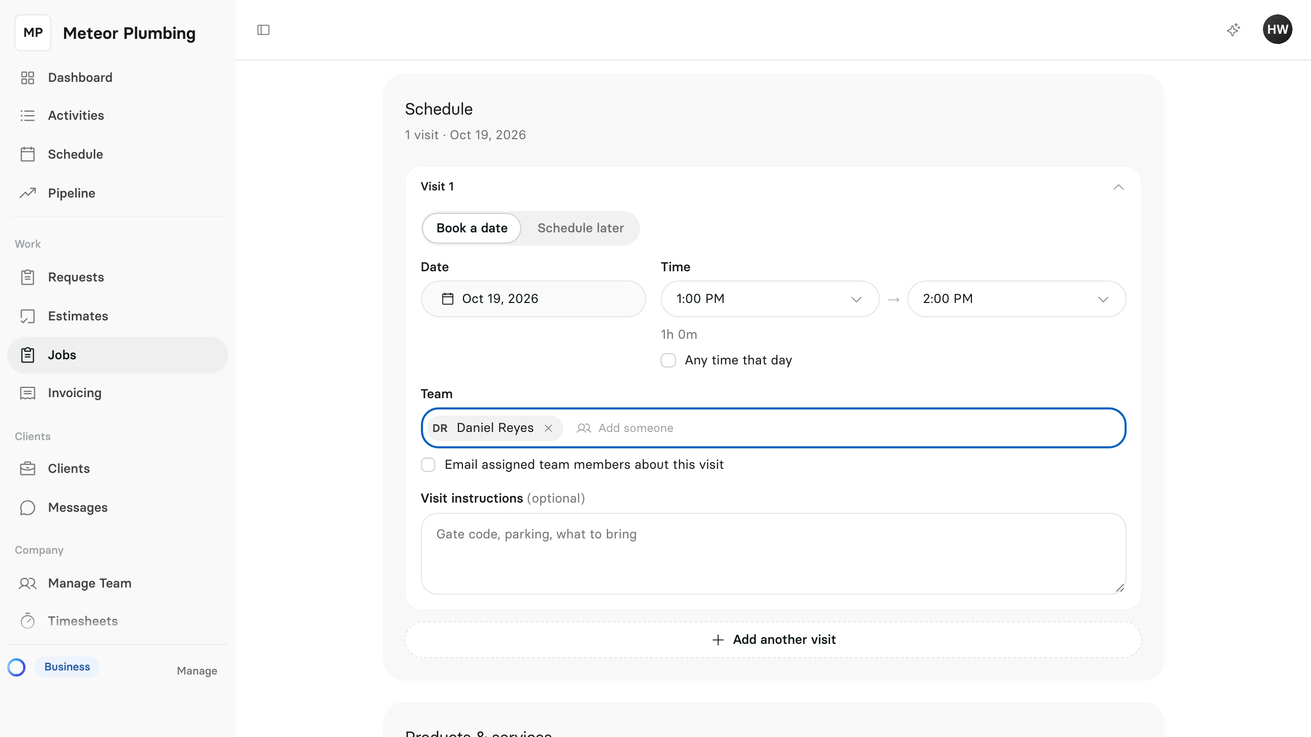 The Schedule section of the job's Edit Job page, with Visit 1 booked for a date and time and Daniel Reyes on the team