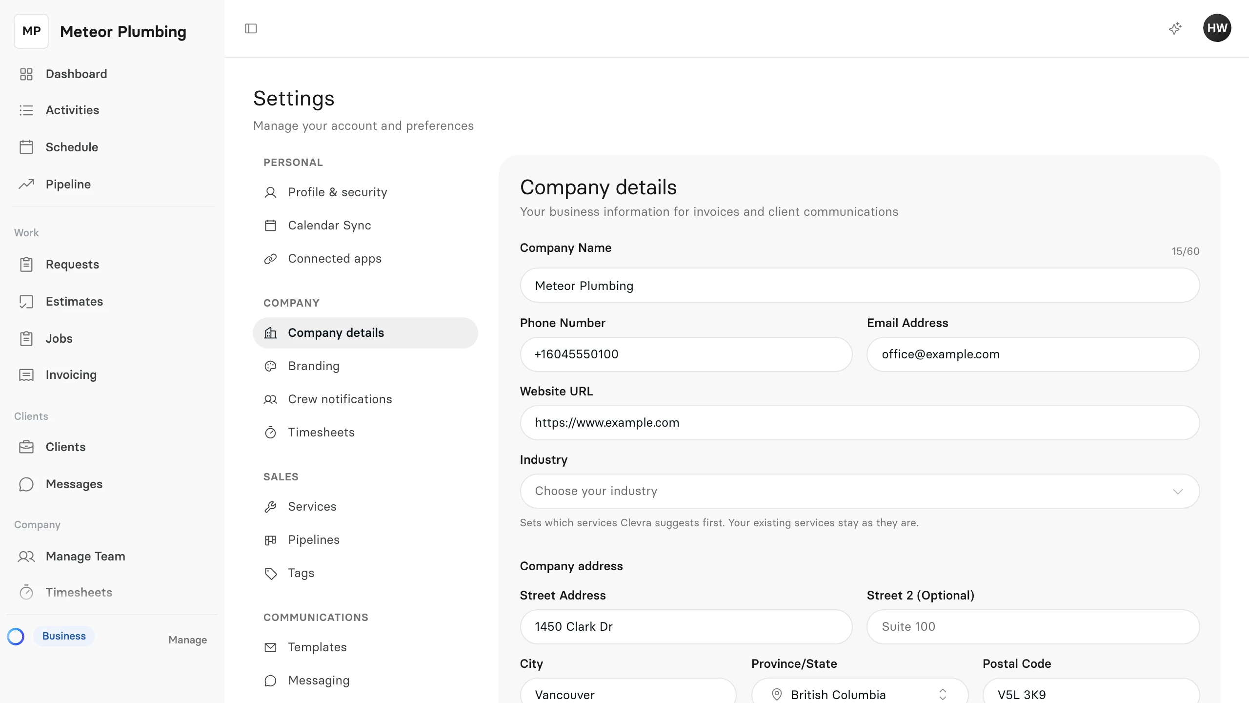 The Company details page in Settings with the company name, phone number, email address, website and industry