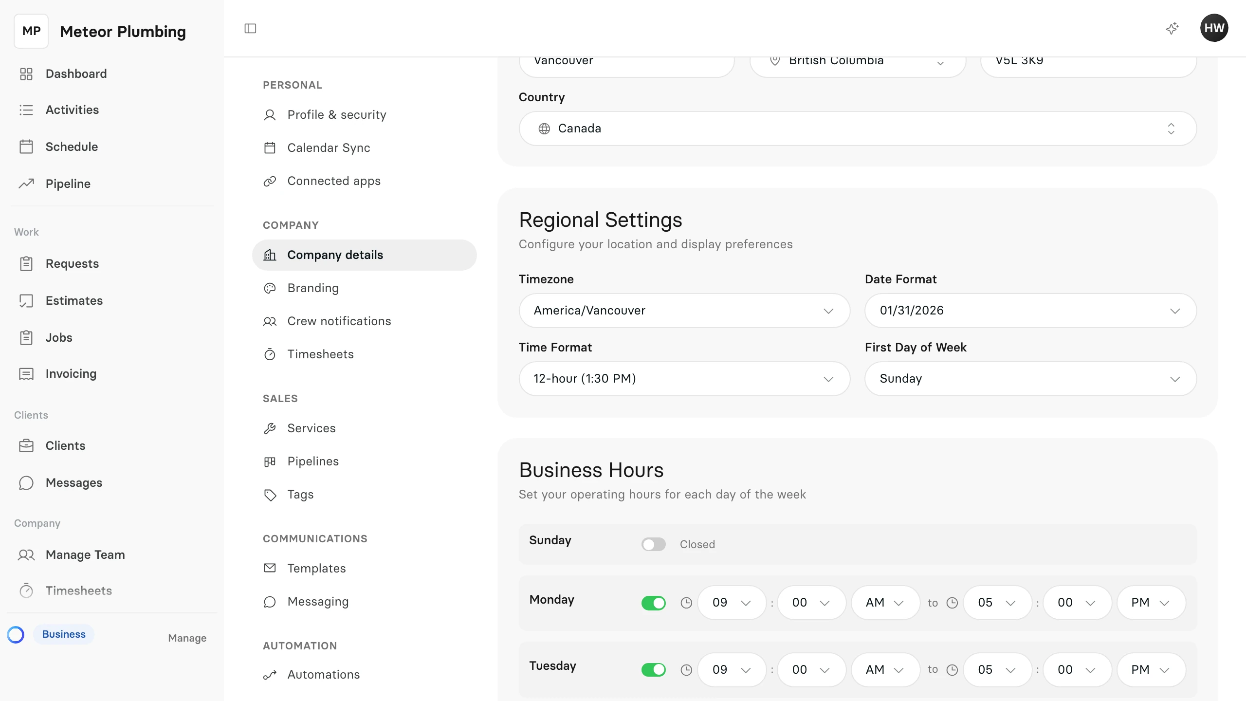 The Regional Settings card with the time zone, date format, time format and first day of the week
